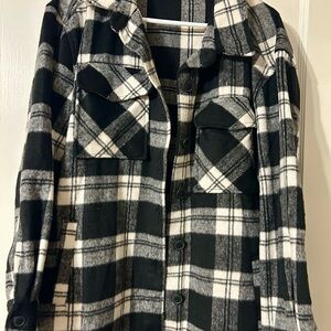 Black and White Plaid Button-Up Shirt Jacket